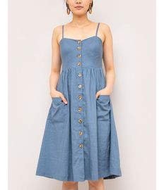 Summer chambray midi linen dress with a fit & flare silhouette and a button up front