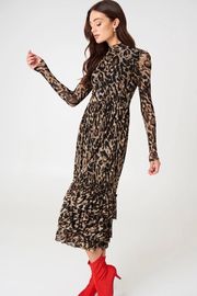 Fashion Women Leopard Print Long Sleeve Women Maxi Dresses