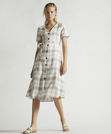 Summer Clothing Women V Neck Midi Checked Linen Dress