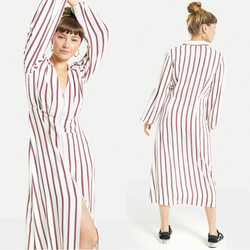 2018 New Arrival Fall Long Sleeve White and Red Striped Zip Front Sex V neck Midi Dress Ladies Autumn