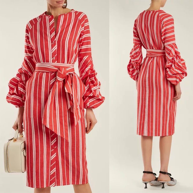 2018 Women Clothes Gathered Bell Sleeves Striped Midi Design Fashion Dresses For Women 2018